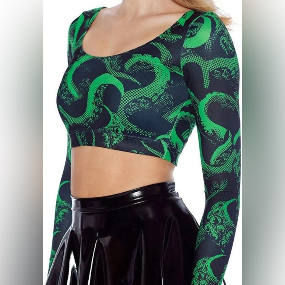 BlackMilk Cthulhu Long Sleeve Crop Top Green Tentacle Print